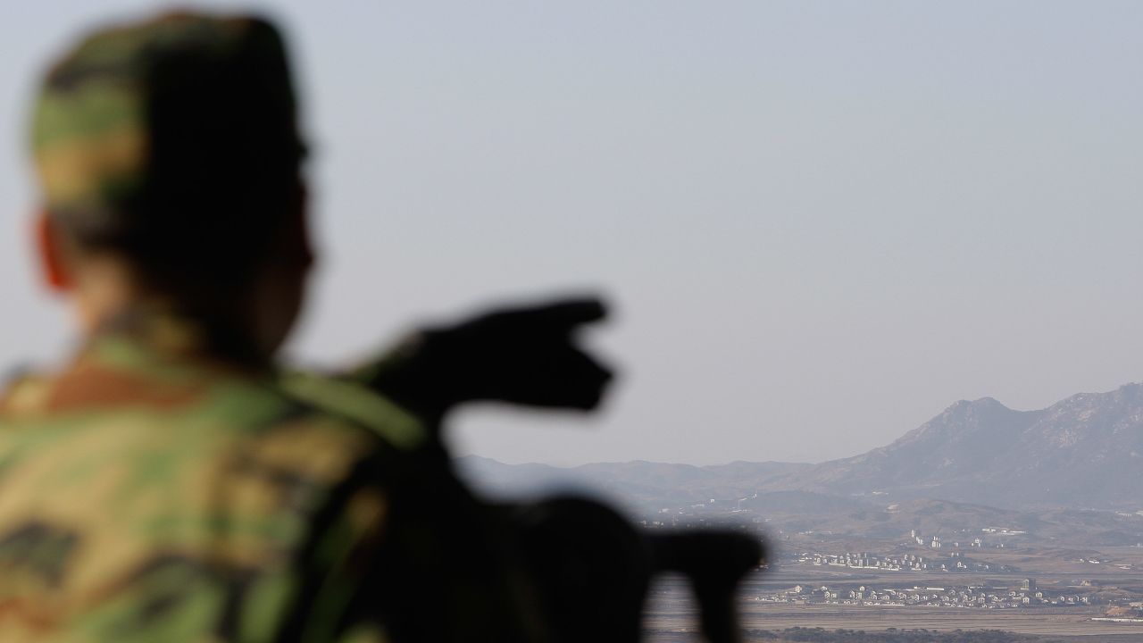A South Korean soldier at an observation post in Panmunjom looks at North Korea on Thursday.