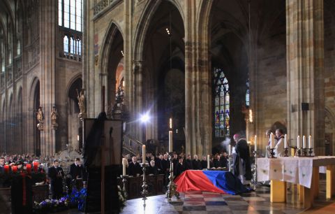 The coffin of  President Vaclav Havel lies draped under a Czech flag during his state funeral Friday at St Vitus Cathederal, Prague.