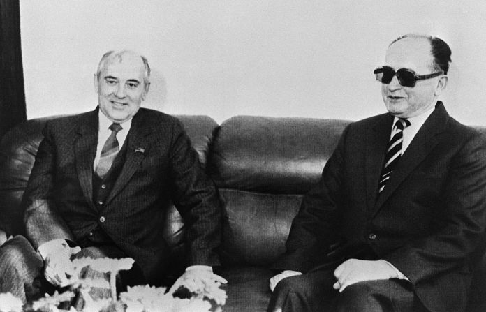 March 1985: Mikhail Gorbachev, pictured here a month later with Poland's General Wojciech Jaruzelski, becomes Soviet leader, ushering in a new era of reform and openness.