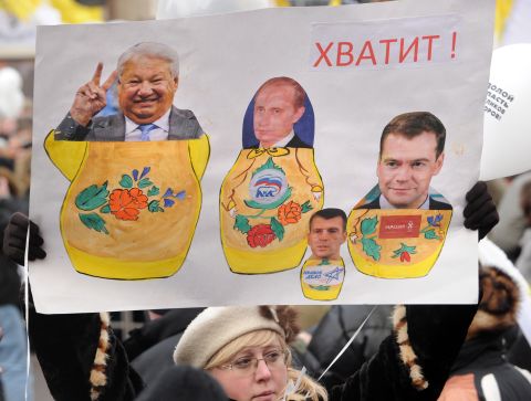 Protesters show their anger at the Russian political protest in Moscow on Saturday.