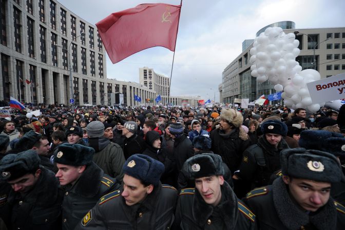 Russian police academy cadets manage the crowd at Saturday's Moscow protest.