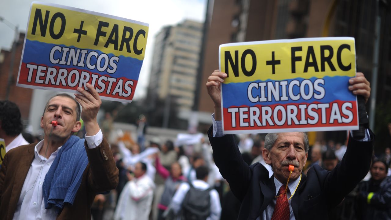Colombians protest against the FARC rebel group on December 6 in Bogota.