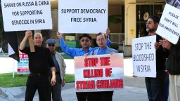 Syrian-Americans in front of the Chinese consulate in Los Angeles protest the UN veto by China and Russia condemning the Syrian crackdown.