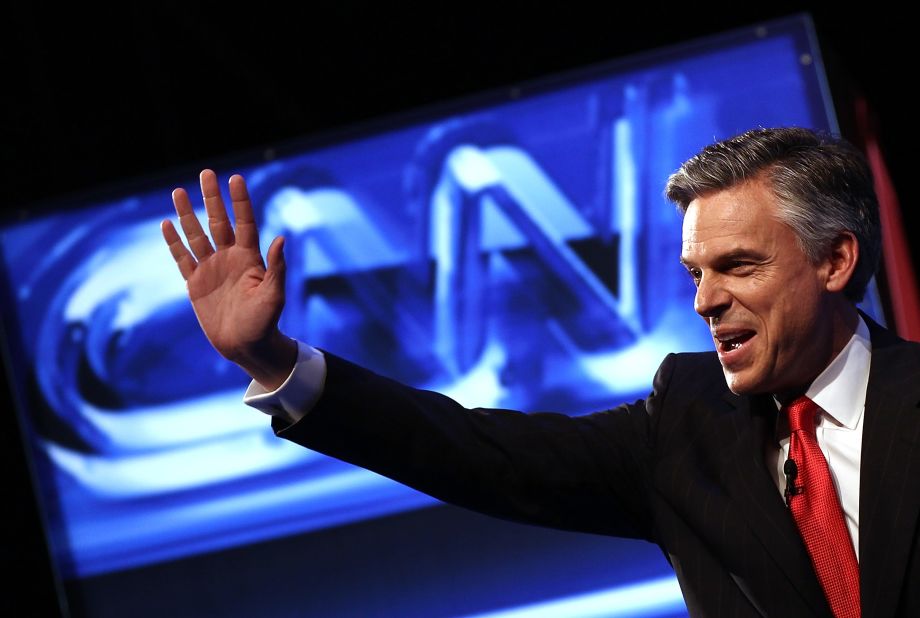 Former Utah Governor Jon Huntsman waves at a debate in November. Huntsman is a former ambassador to China for President Barack Obama's administration. He is skeptical of U.S. involvement in Afghanistan and supports same-sex civil unions. Opinion polls indicate he is not winning support from grass-roots conservatives.