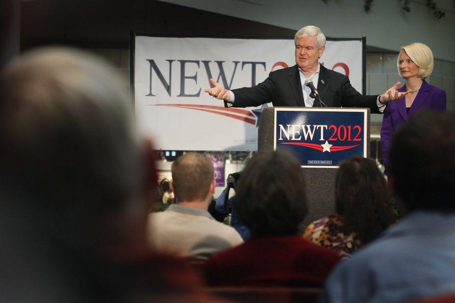 Former Speaker of the House Newt Gingrich speaks in Mason City, Iowa. Gingrich was a key Republican leader during Democrat Bill Clinton's presidency. His belief that some illegal immigrants should get a right to legal permanent residency did not go down well with some conservatives.