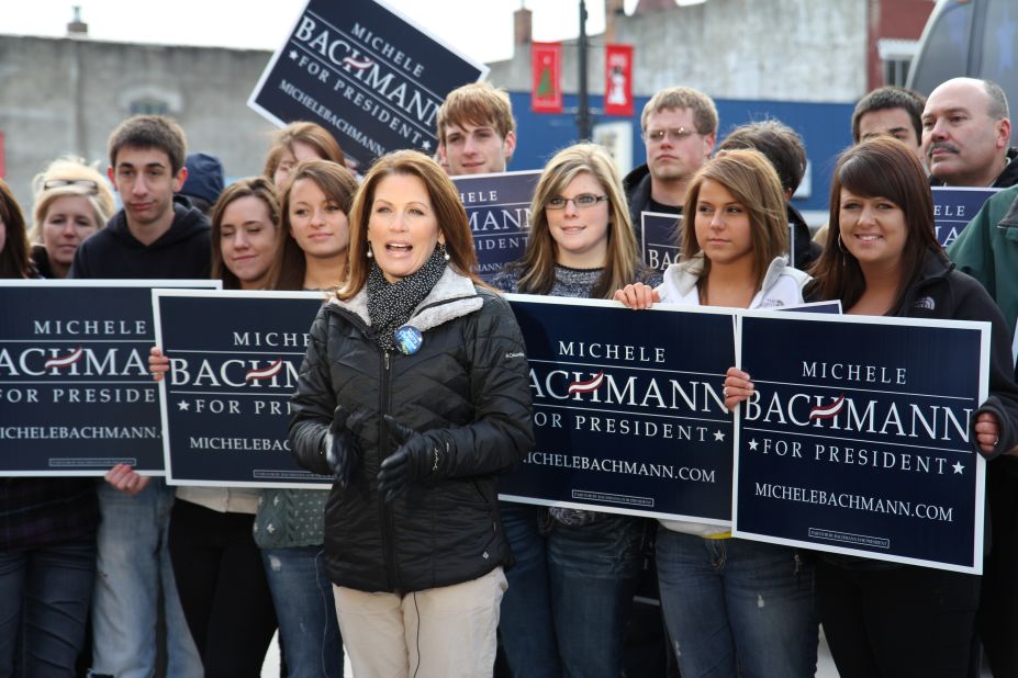Senator Michelle Bachmann speaks at Doose Cafe, in Marengo, Iowa, on December 22. Bachman is a favorite of the conservative tea party movement. She voted against authorizing U.S. military involvement in the U.N. mission in Libya. She also voted against a bill to give some students who arrived in the country illegally an opportunity for permanent residency if they went to college or served in the military.