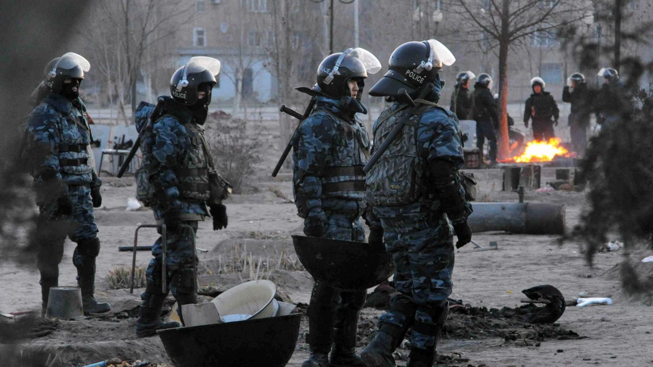 Riot police patrol in the town of Zhanaozen in Kazakhstan on December 18, 2011.
