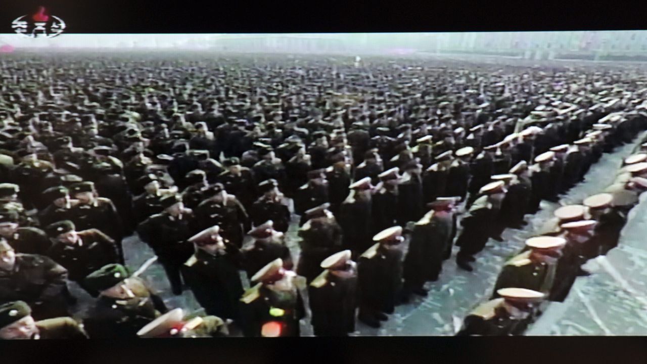 North Korean TV shows tens of thousands at the memorial for Kim Jong Il in Pyongyang Thursday.