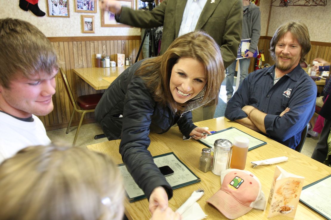 Republican presidential candidate Michele Bachmann greets patrons in the Junction Cafe in Bedford, Iowa on Wednesday.