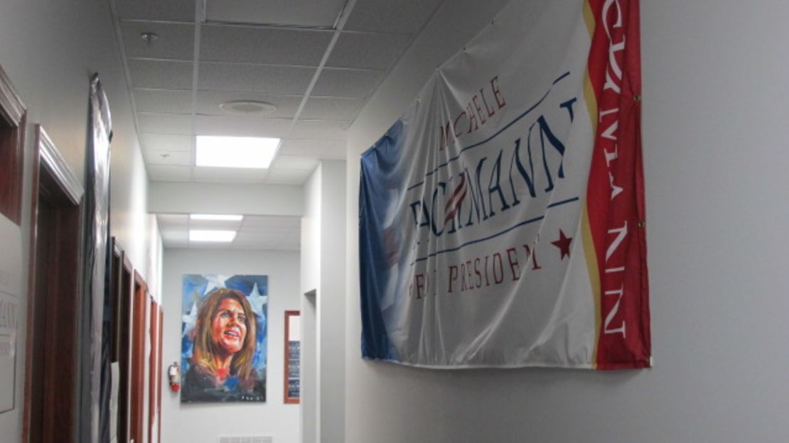 An impressionist painting of Michele Bachmann hangs in her campaign office, the same one John McCain used in 2008.