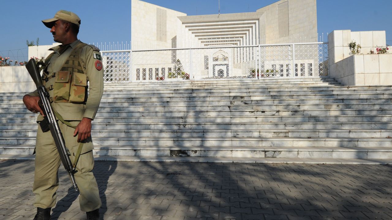 A Pakistani soldier stands guard outside the Supreme Court building in Islamabad on Friday.