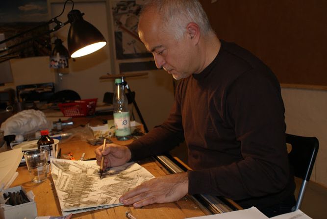 Asisi spends at least a year working on each painstakingly-researched painting, starting with sketches...