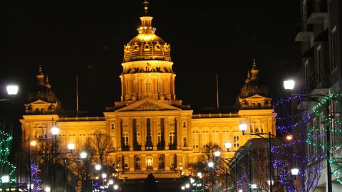 The Capitol building lights up for the holidays in Des Moines, Iowa. 