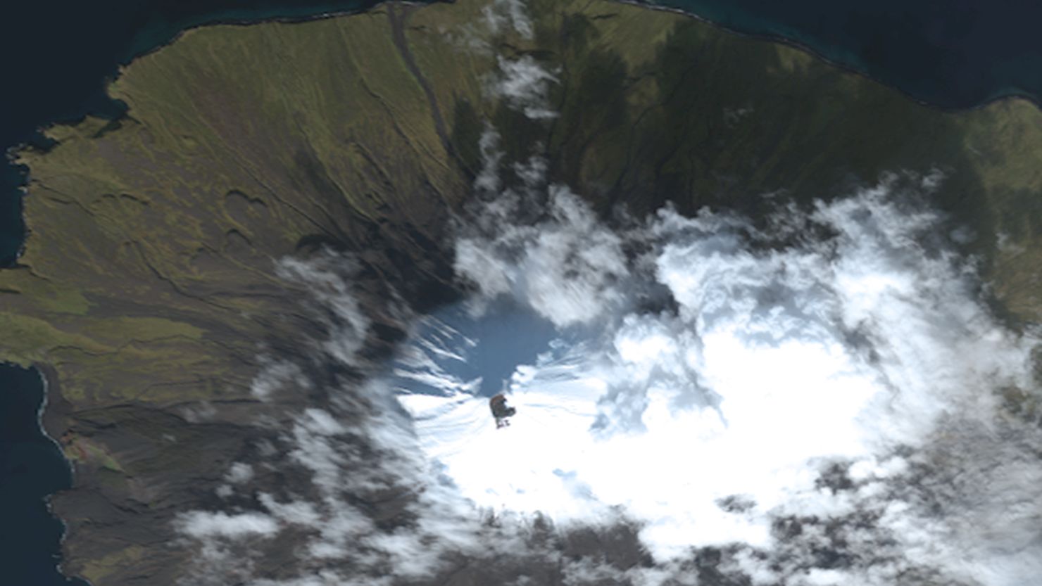True-color satellite image of Cleveland Volcano collected by the Worldview-2 sensor on October 7.