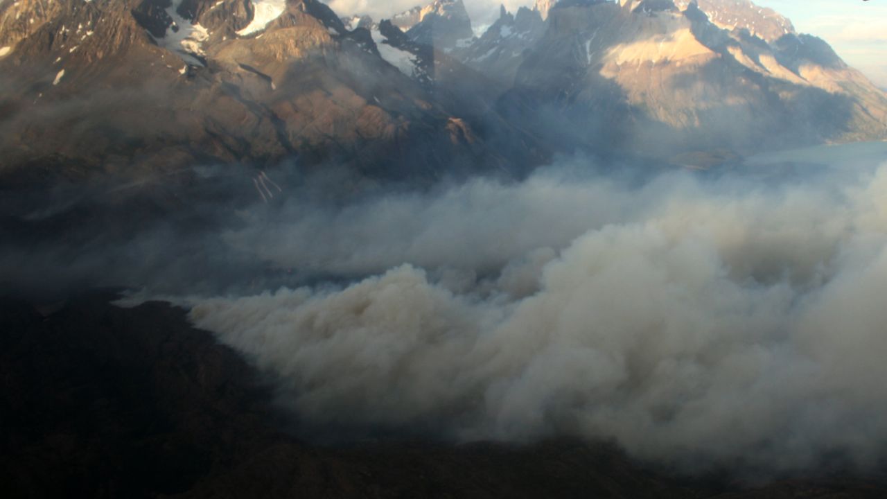 Smoke billows from a fire raging in the Torres del Paine National Park in southern Chile on Wednesday.