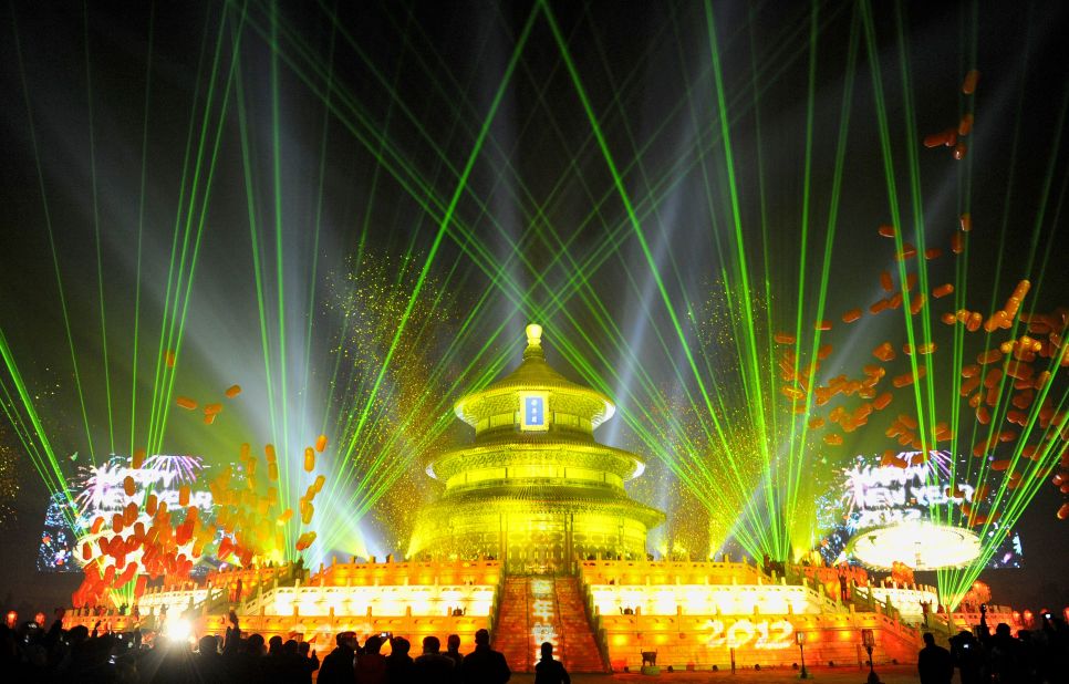 The Temple of Heaven (The Qi Nian Temple) is illuminated as Beijing celebrates the new year.