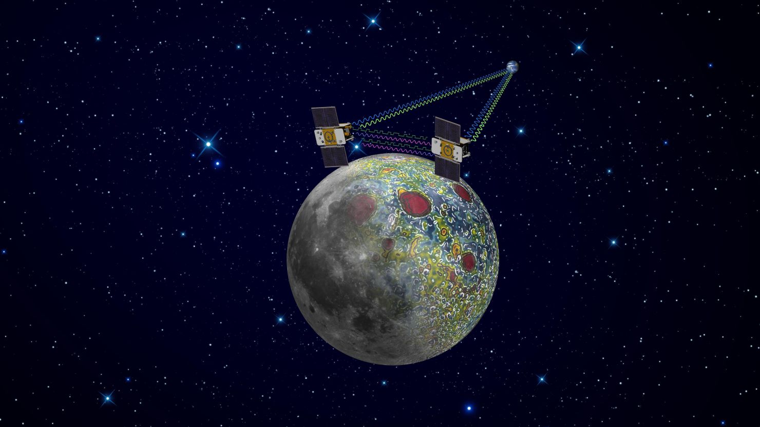 As depicted in this artist's redition, the twin GRAIL spacecraft will map the moon's gravity field.