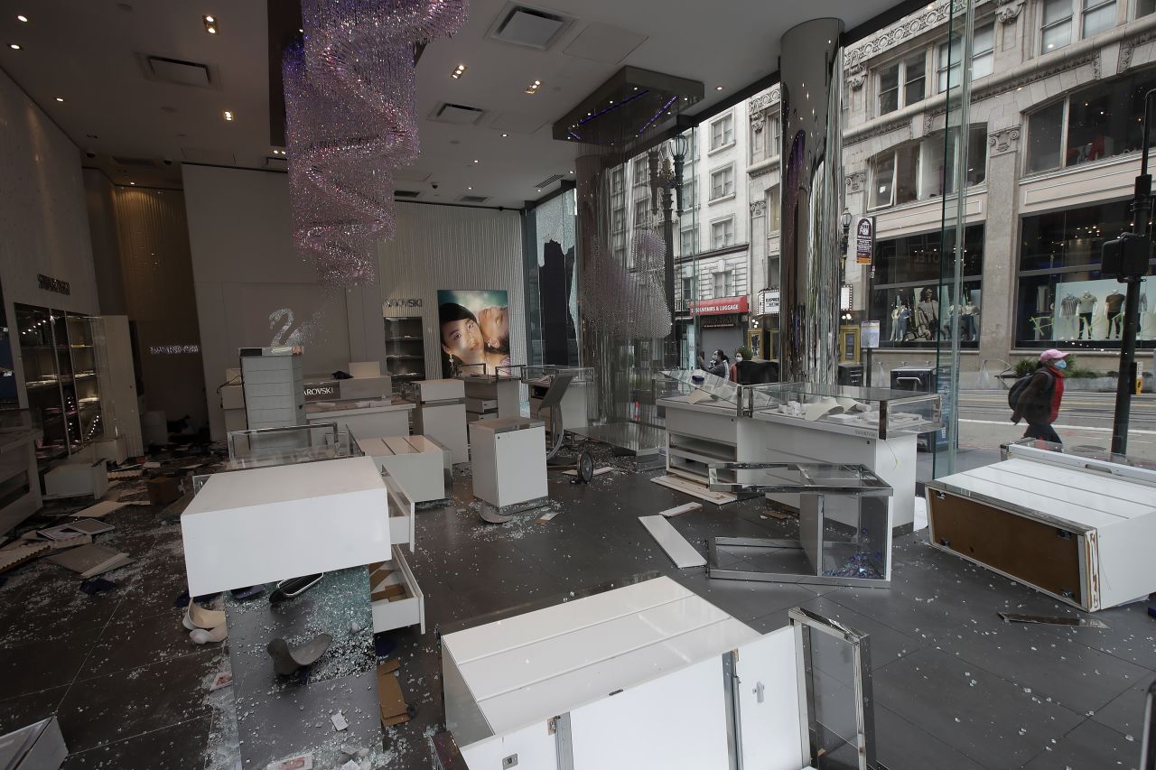 Damage is seen at a Swarovski store in San Francisco on May 31.