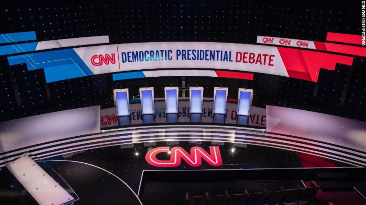 The Democratic debate stage in Des Moines, Iowa, on January 14.