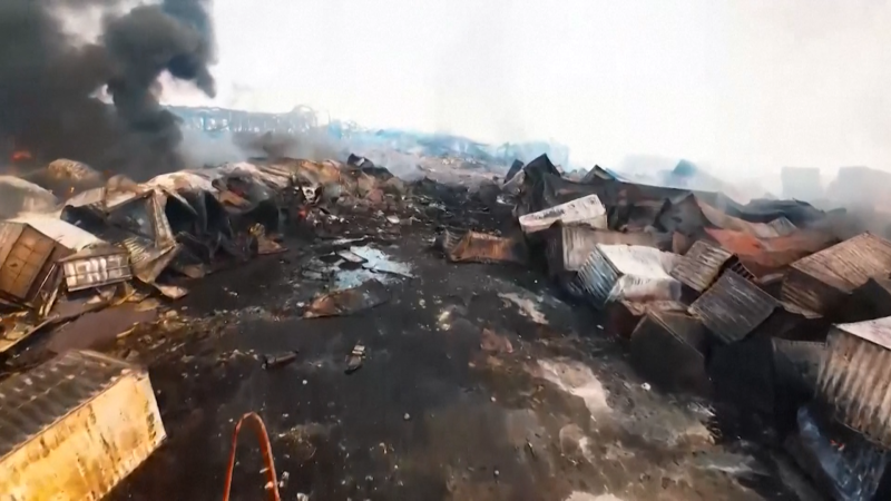 Dramatic drone video flies through destruction left by blast at Iran’s port
