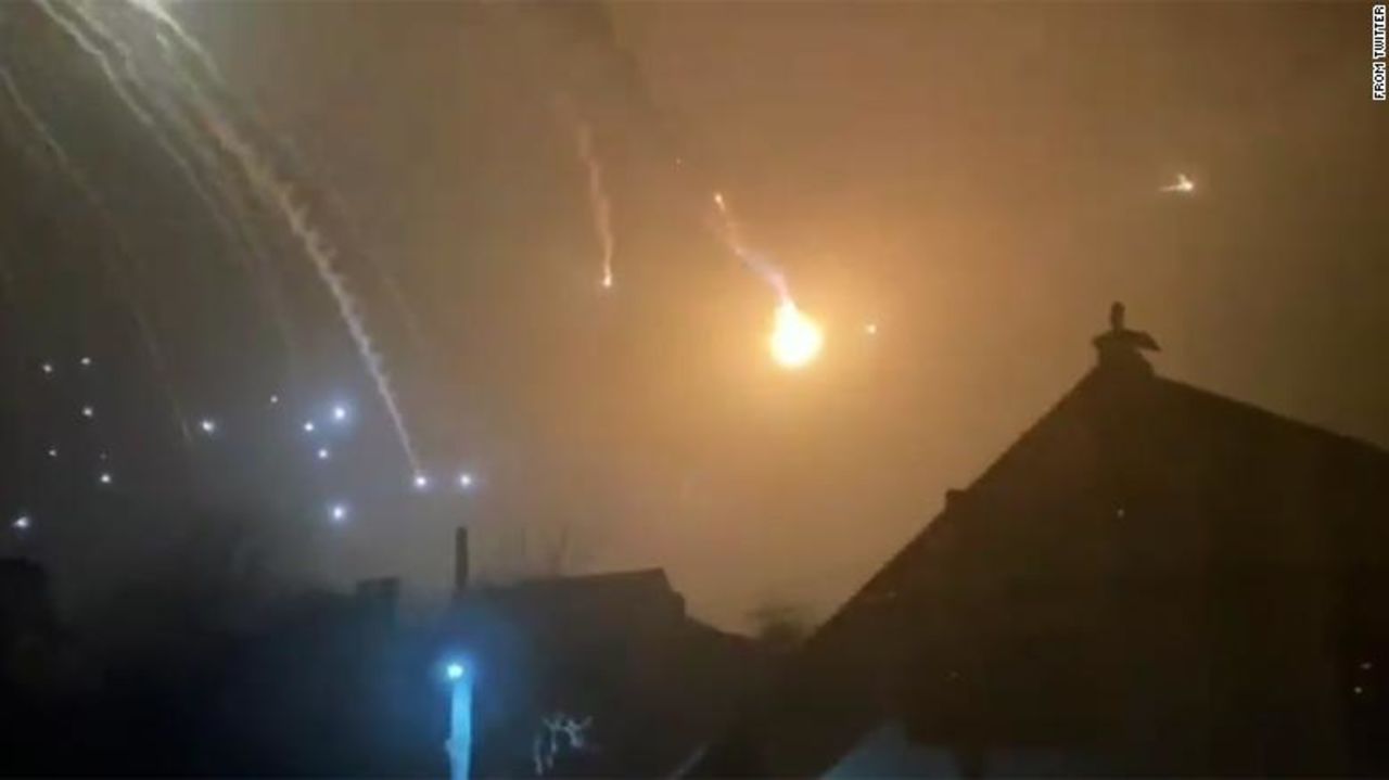 A frame from a video taken from social media shows an explosion over Kyiv on Friday.