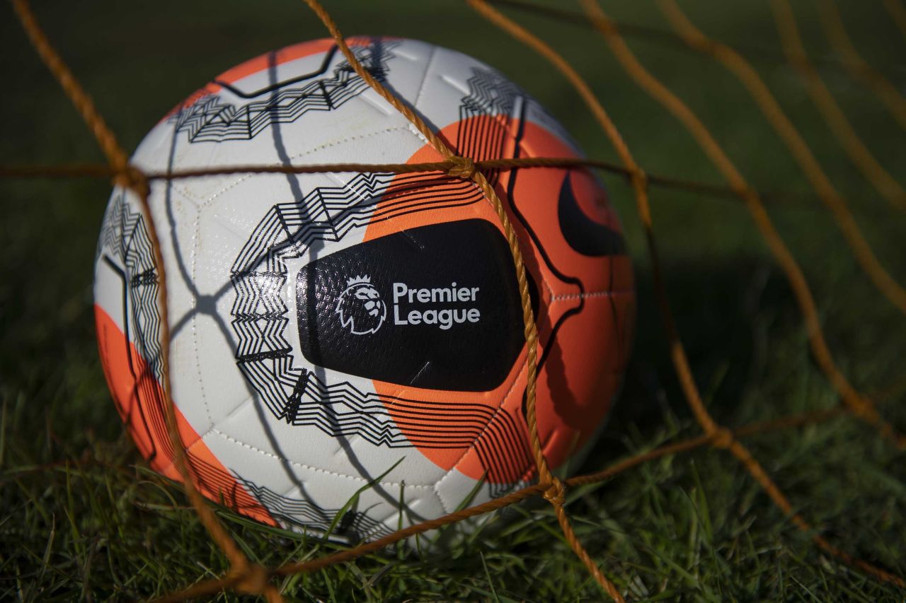 A soccer ball with the Premier League logo on it photographed on May 01, 2020 in Wroxton, Oxfordshire, United Kingdom. No Premier League matches have been played since March 9th due to the Coronavirus Covid-19 pandemic.?