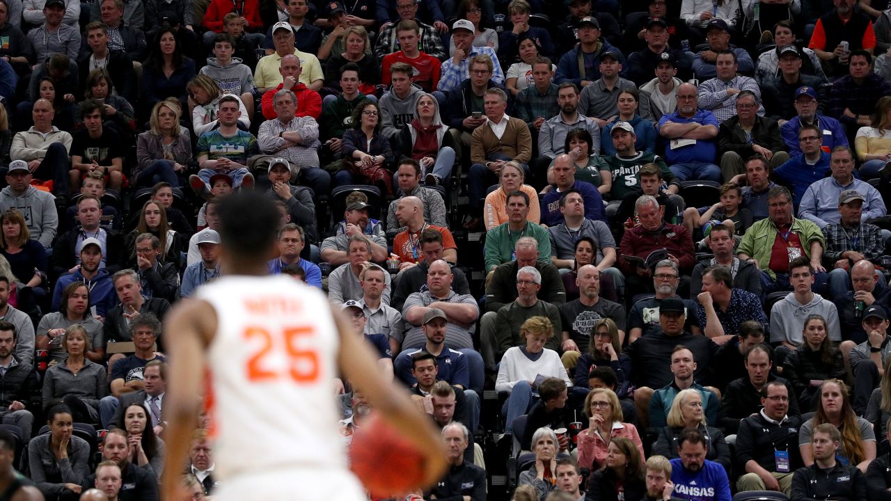 Fans watch the Syracuse Orange and Baylor Bears in the first round of the 2019 NCAA Men's Basketball Tournament in Salt Lake City, Utah on March 21, 2019.