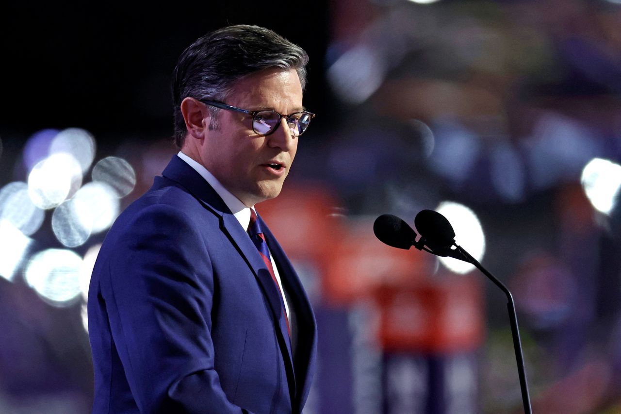 House Speaker Mike Johnson speaks at the Republican National Convention in Milwaukee, on July 16. 