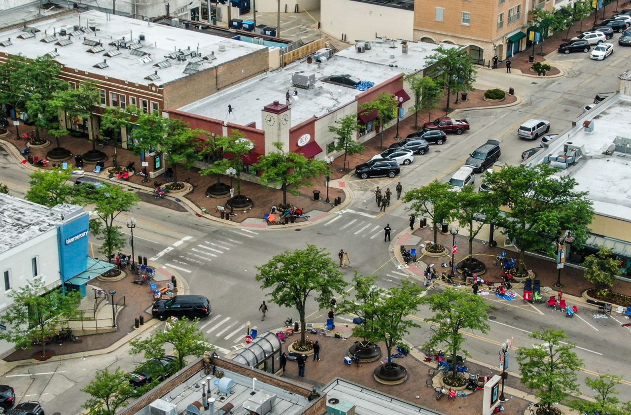 An aerial photo shows law enforcement officers investigating the scene at the Fourth of July parade in Highland Park, Illinois, on Monday.