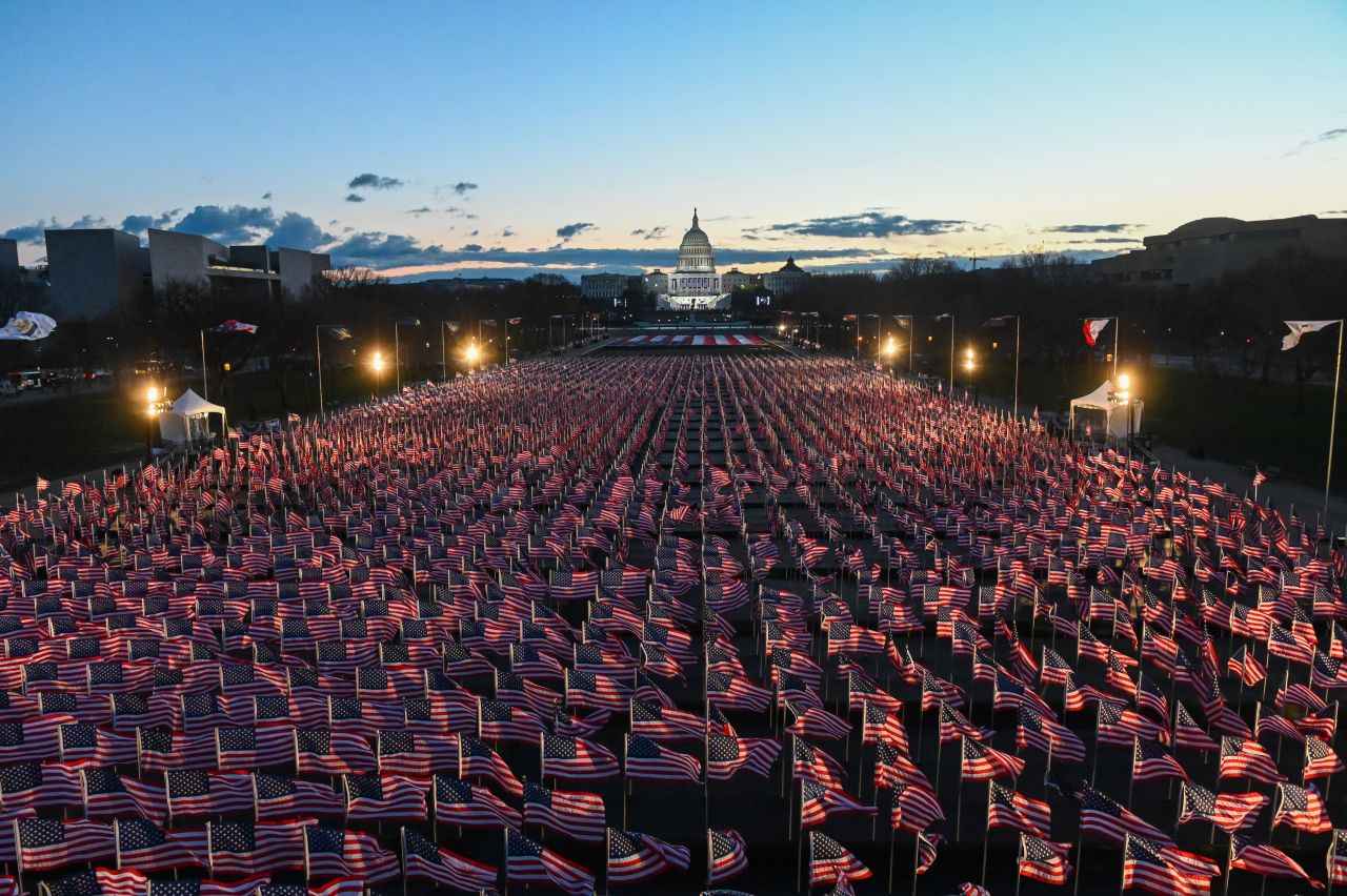 American flags are seen in the early morning as preparations continue for the inauguration of Joe Biden on January 20.