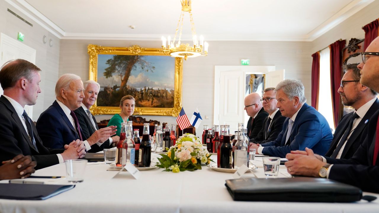 US President Joe Biden, center left, meets with Finland's President Sauli Niinisto, center right, at the Presidential Palace in Helsinki, Finland, on Thursday, July 13, 2023.