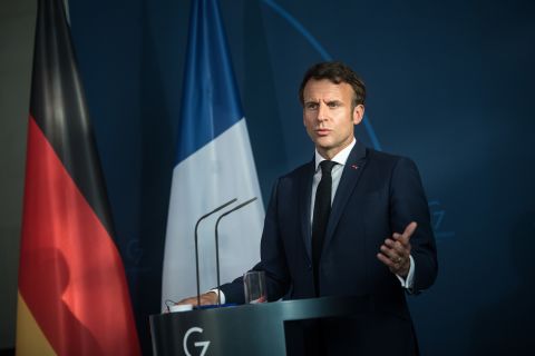 French president Emmanuel Macron speaks at a press conference in Berlin, Germany, on Monday, May 9.