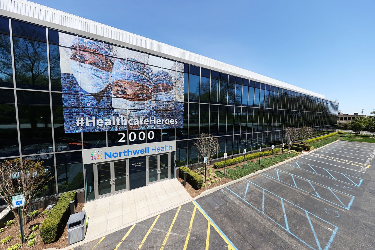 A mural on a Northwell Healthcare building features first responders and healthcare workers who are on the frontlines during the COVID-19 pandemic on Tuesday, May 5, in?New Hyde Park, New York.