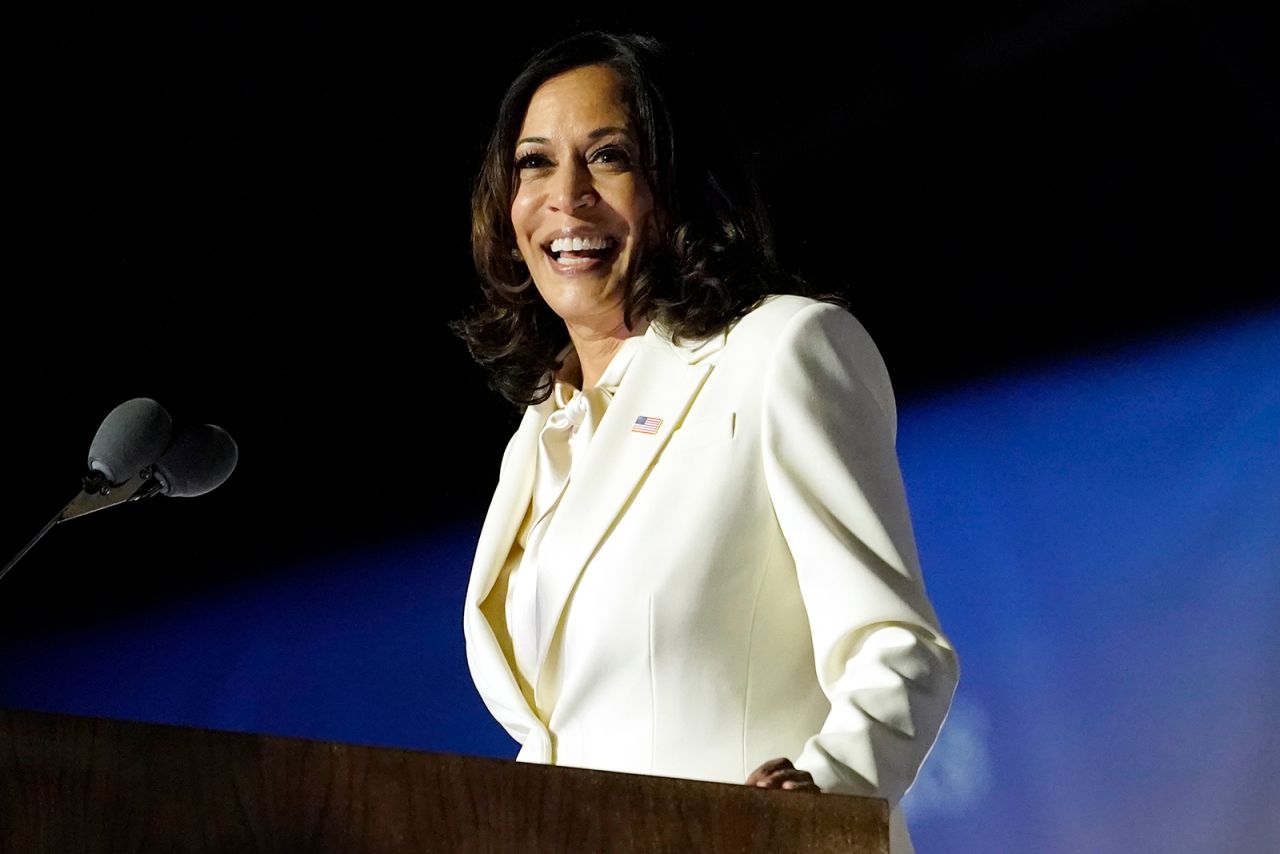 Vice President-elect Kamala Harris speaks Saturday, Nov. 7, in Wilmington, Del.