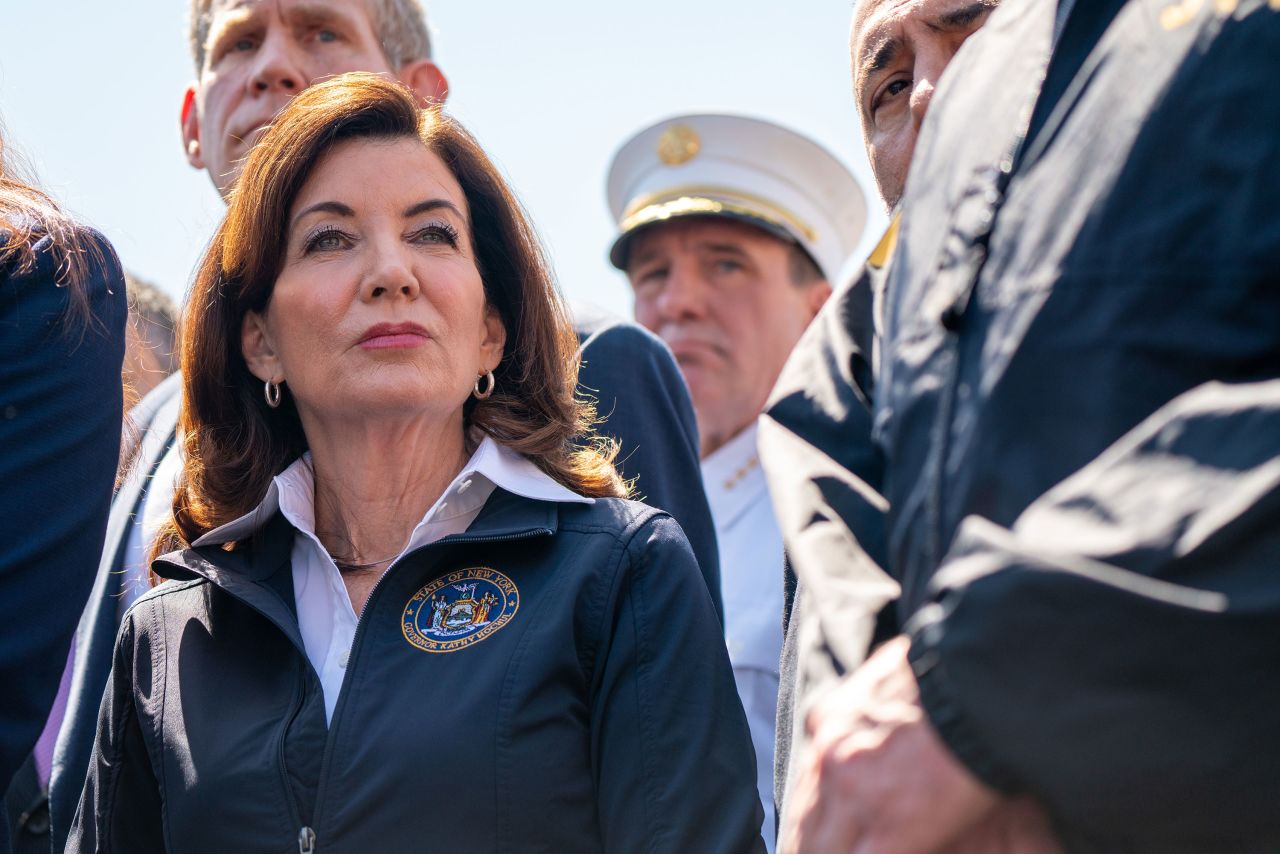 New York Governor Kathy Hochul is seen during a press conference at the site of a shooting at the 36 St subway station in New York on April 12.