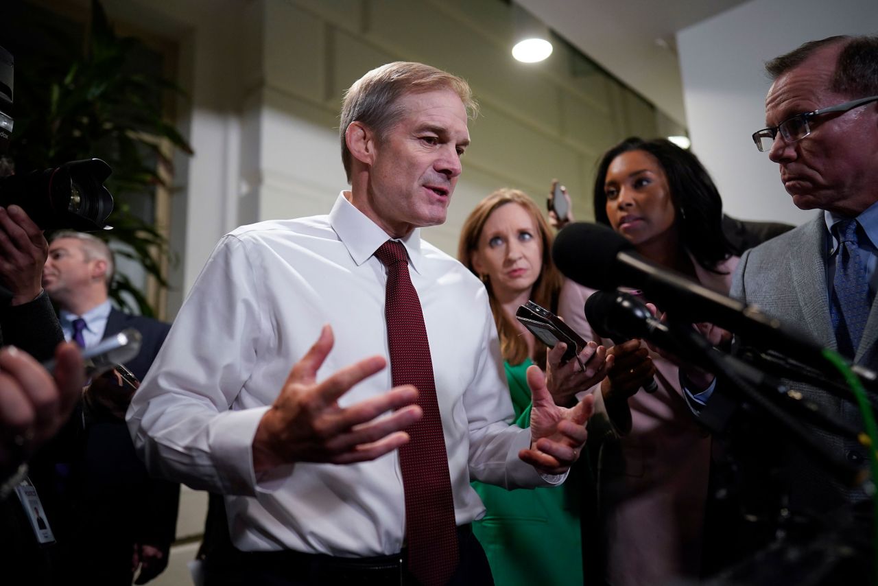 Rep. Jim Jordan speaks with reporters following a closed door meeting with House Republicans as he looks for decisive support to become speaker, at the Capitol in Washington, DC, on Monday.