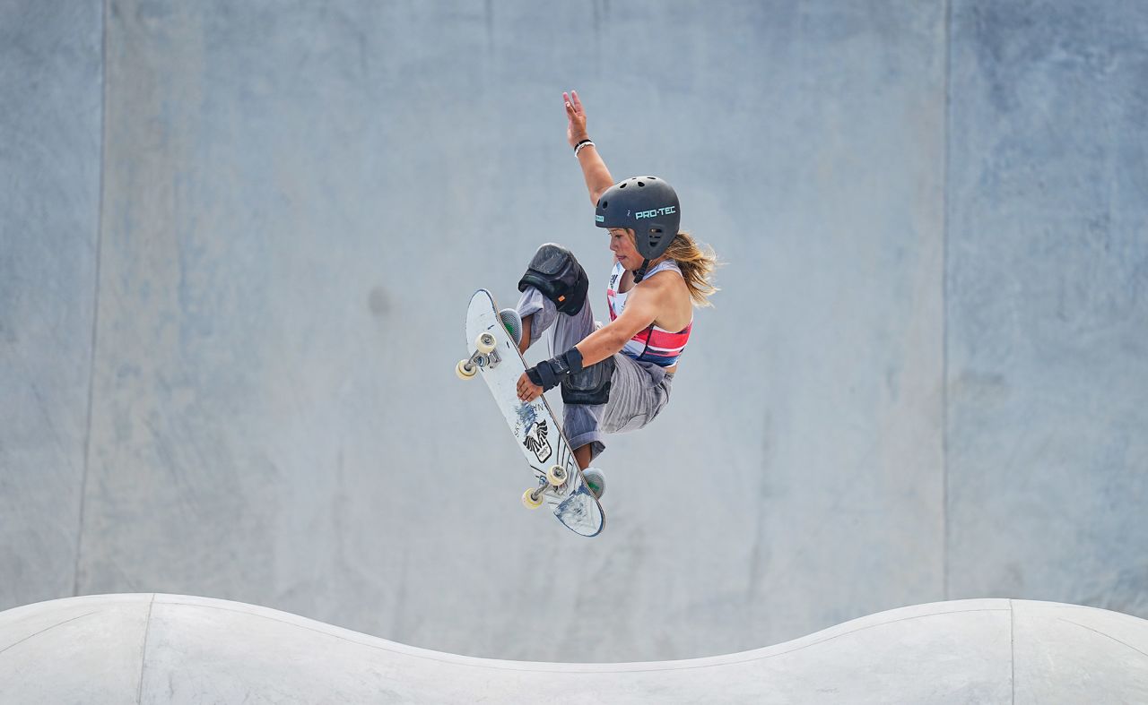 Sky Brown competes in the park skateboarding final on August 4. Brown, who at 13 is Great Britain's youngest-ever athlete to compete in the Summer Olympics, won a bronze medal. Japan's Sakura Yosozumi won the gold, and her compatriot Kokona Hiraki won the silver. Hiraki is just 12 years old.