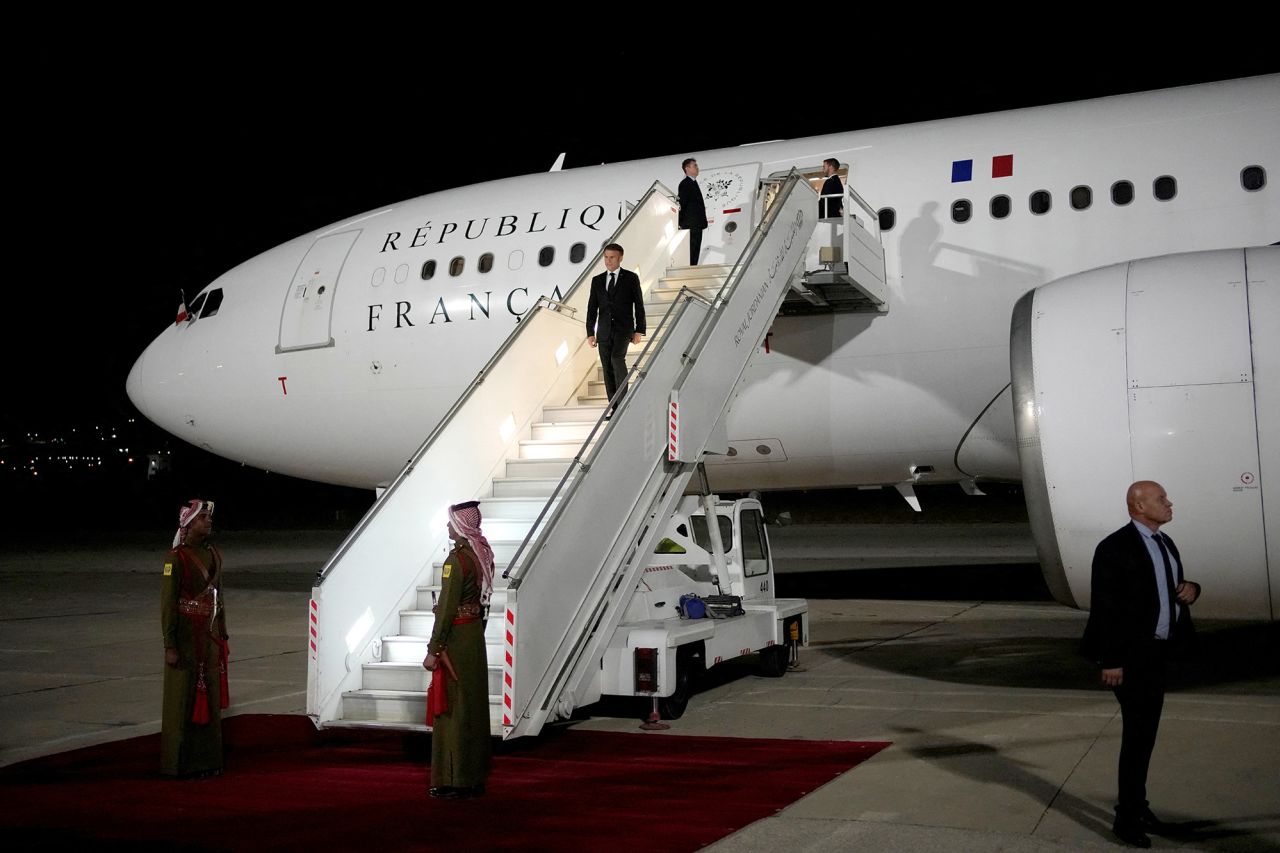 French President Emmanuel Macron arrives in Amman, Jordan, on October 24.