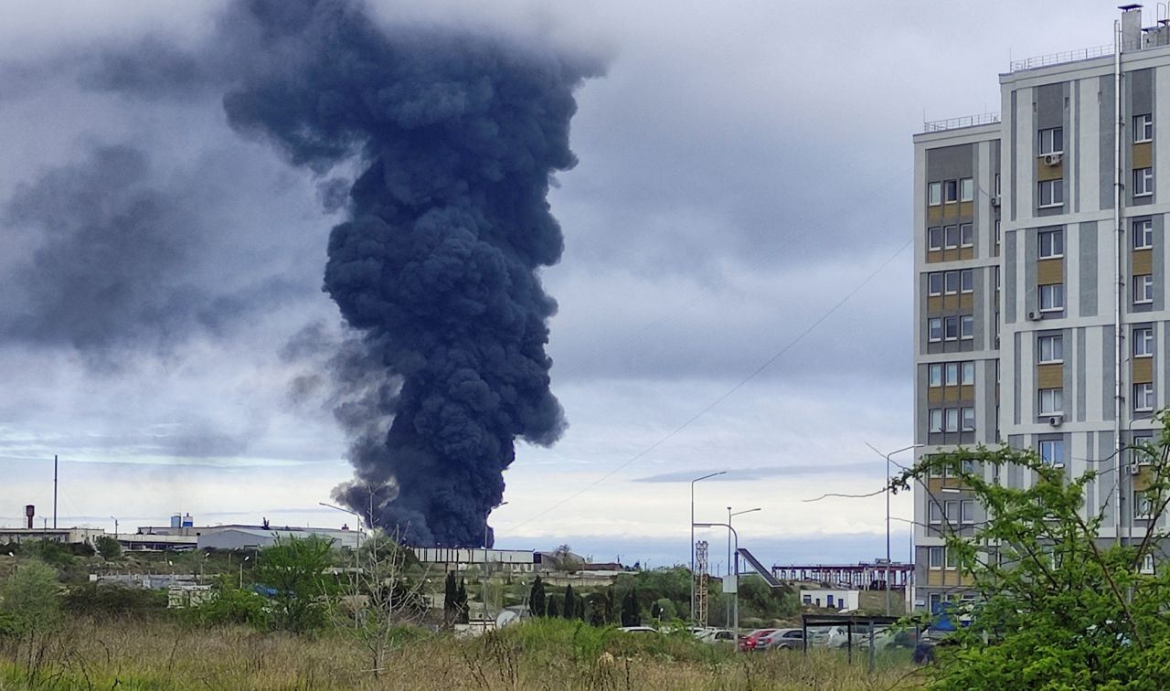 Smoke rises from a fire at a fuel storage facility in the Crimean city of Sevastopol, on April 29. 