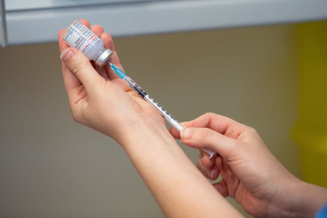 A nurse prepares the Moderna Covid-19 vaccine at the West Wales General Hospital in Carmarthen, Wales, on April 7.