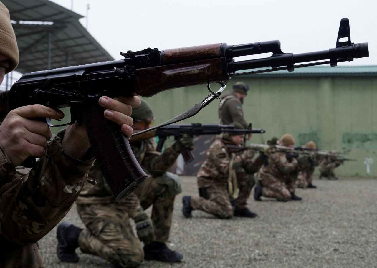Volunteers train at a “Russian University of Special Forces" center in Chechnya, Russia, on December 14. 