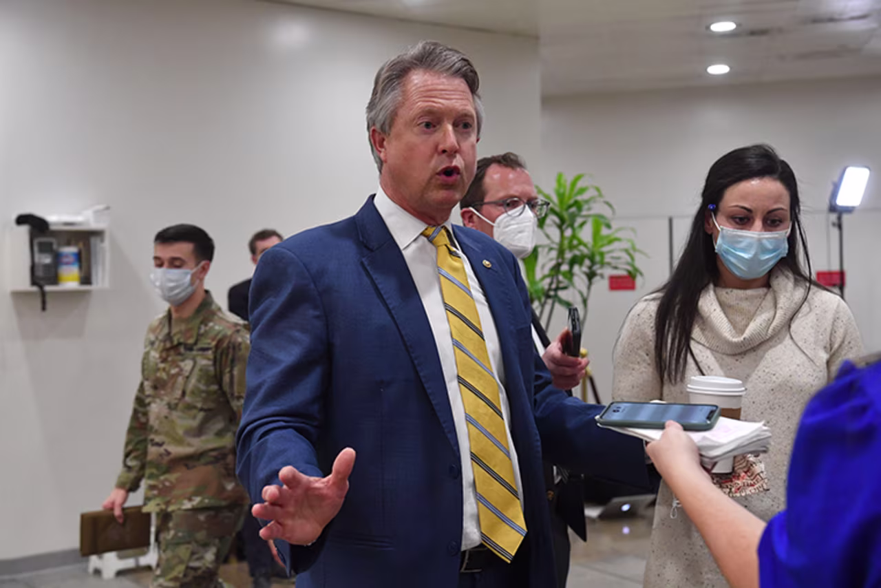 Senator Roger Marshall talks to reporters during a break on the fourth day of the second impeachment trial of former US President Donald Trump on Friday, February 12.