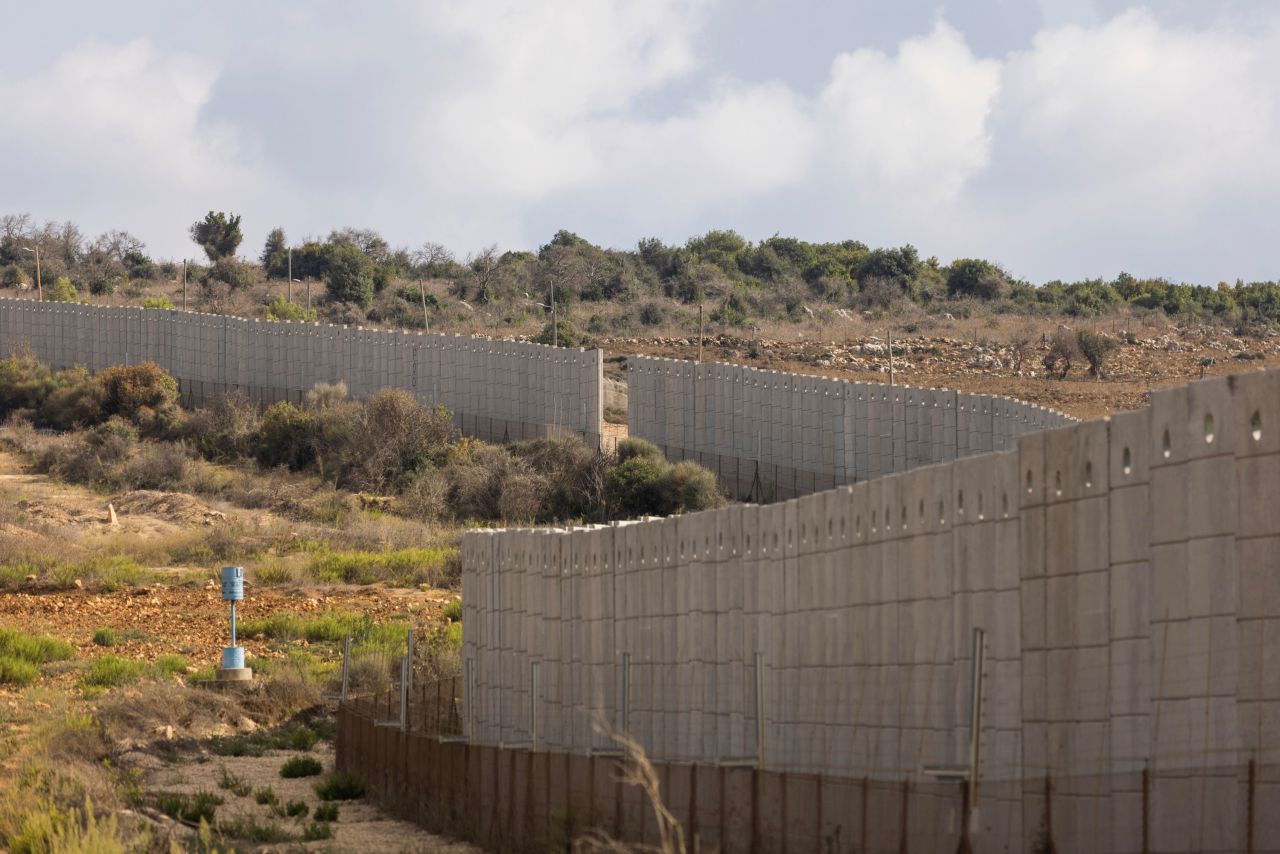 A UN post painted blue has a warning not to come between it and the Lebanon-Israel border wall on October 12, 2023, in Dhayra, Lebanon.