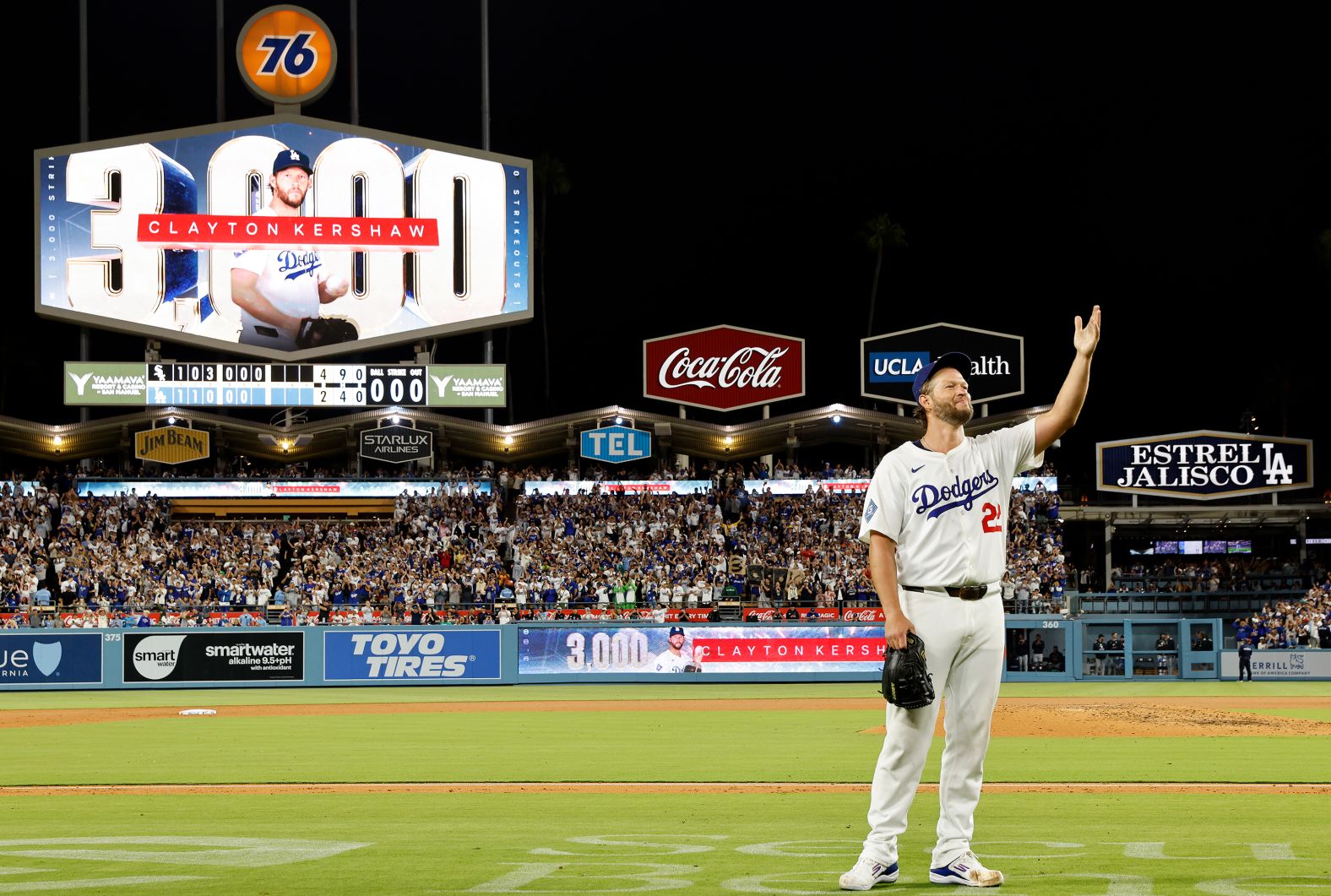 Los Angeles Dodgers pitcher Clayton Kershaw celebrates after <a href="index.php?page=&url=https%3A%2F%2Fwww.cnn.com%2F2025%2F07%2F03%2Fsport%2Fclayton-kershaw-mlb-3000th-strikeout-spt">recording his 3,000th career strikeout</a> during a Major League Baseball game in Los Angeles on Wednesday, July 2. Kershaw joins Justin Verlander and Max Scherzer as the only active pitchers with that many strikeouts.