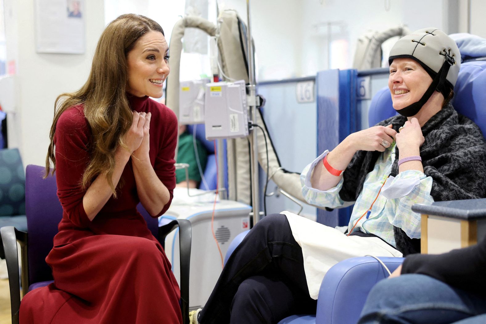 Catherine, Princess of Wales, talks with Katherine Field during a visit to the Royal Marsden Hospital in London on Tuesday, January 14. The princess, <a href="index.php?page=&url=https%3A%2F%2Fwww.cnn.com%2F2025%2F01%2F14%2Fuk%2Fkate-princess-of-wales-hospital-visit-intl%2Findex.html">now in remission from cancer</a>, was visiting the hospital where she was treated last year.