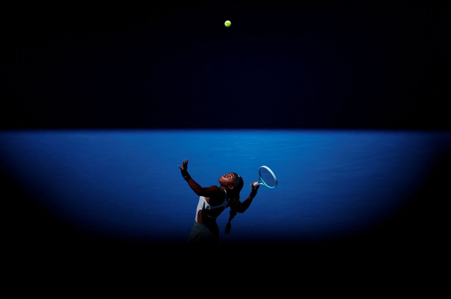 Coco Gauff serves the ball during her quarterfinal match at the Australian Open on Tuesday, January 21.