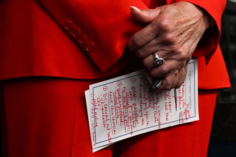 Jeanine Pirro holds notes during the announcement, held in the press briefing room of the White House.