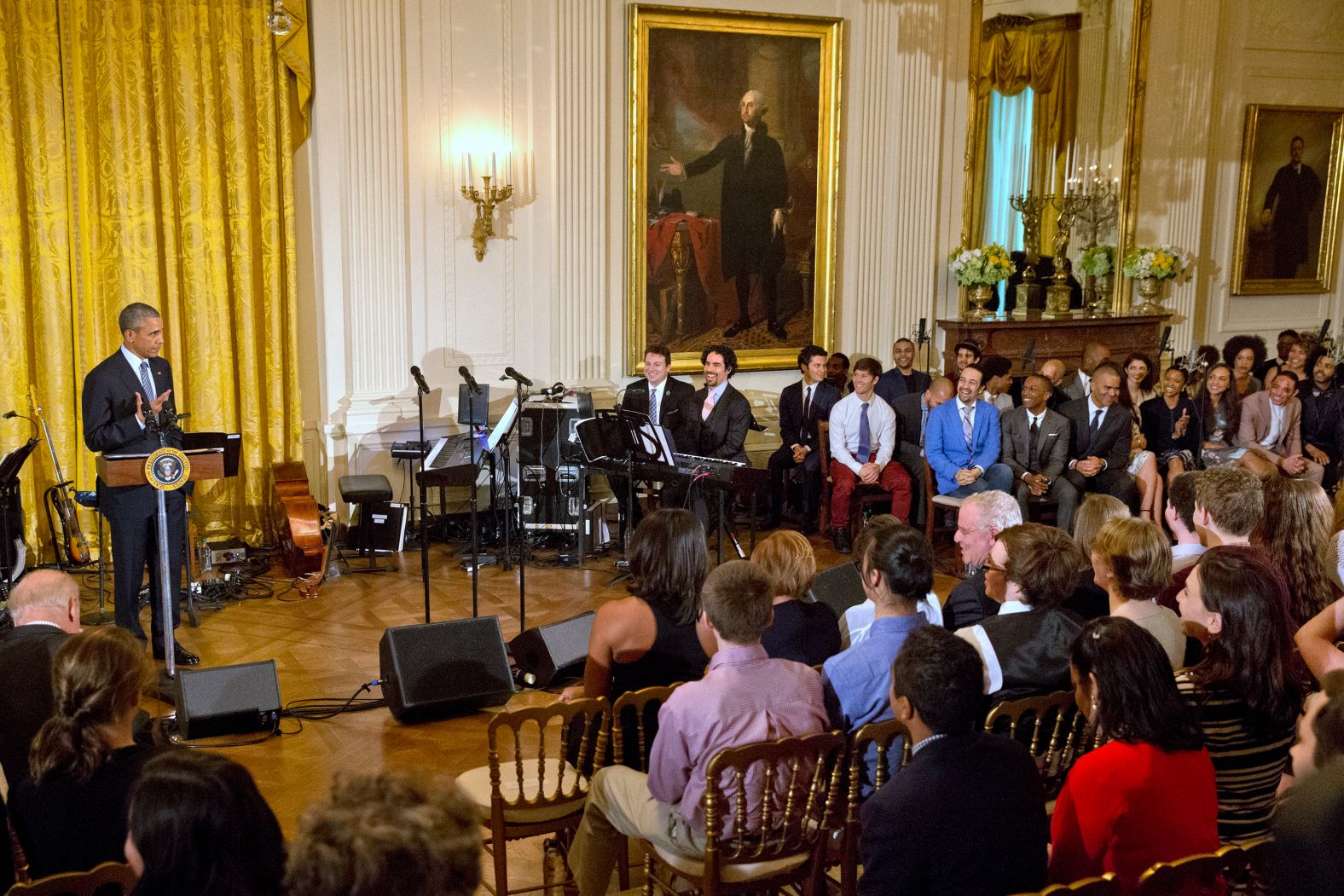 Obama welcomes the "Hamilton" cast to the White House before they performed selected pieces from the musical in March 2016.