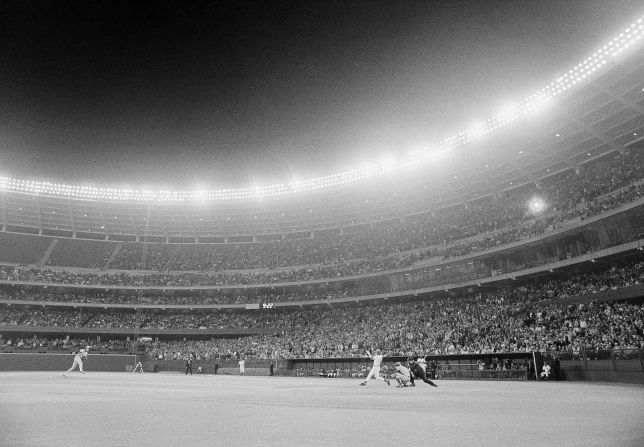 Rose hits a single — his 3,000th career hit — during a game in Cincinnati in 1978.