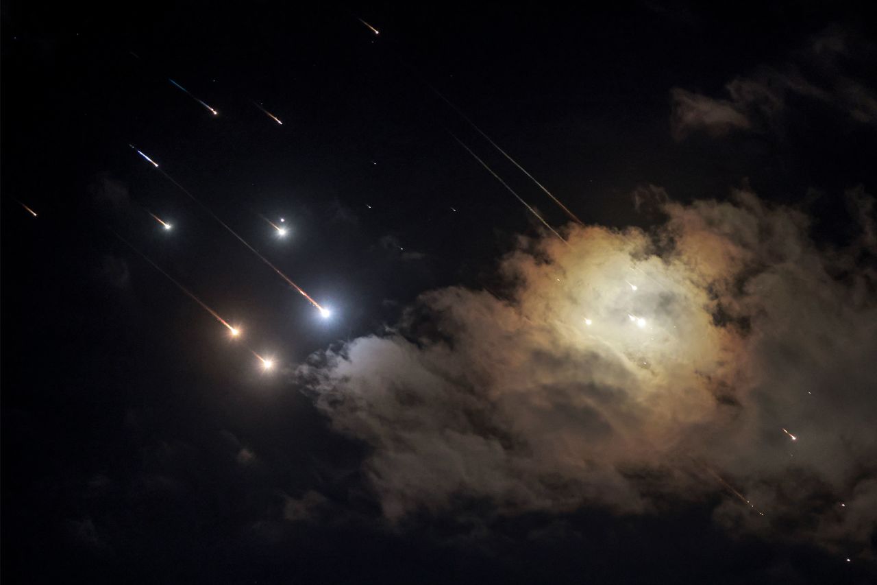 This picture shows projectiles being intercepted in northern Israel.